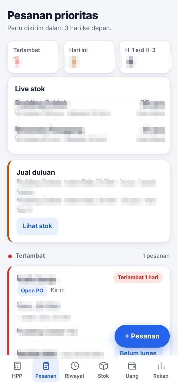Layar pesanan prioritas: jumlah pesanan terlambat, hari ini dan H-3, stok live, dan peringatan jual duluan